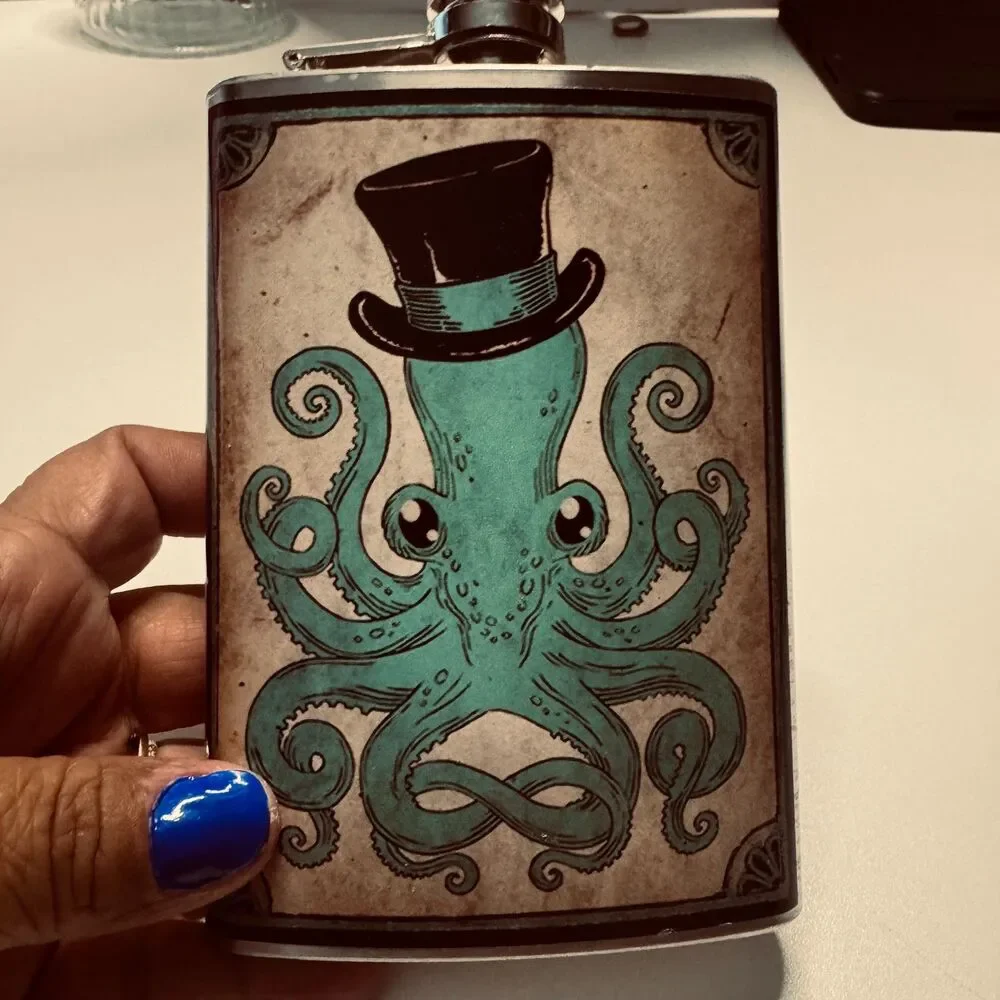 Trixie & Milo 8oz Stainless Steel Flask Top Hat Octopus Flask Nautical Steampunk